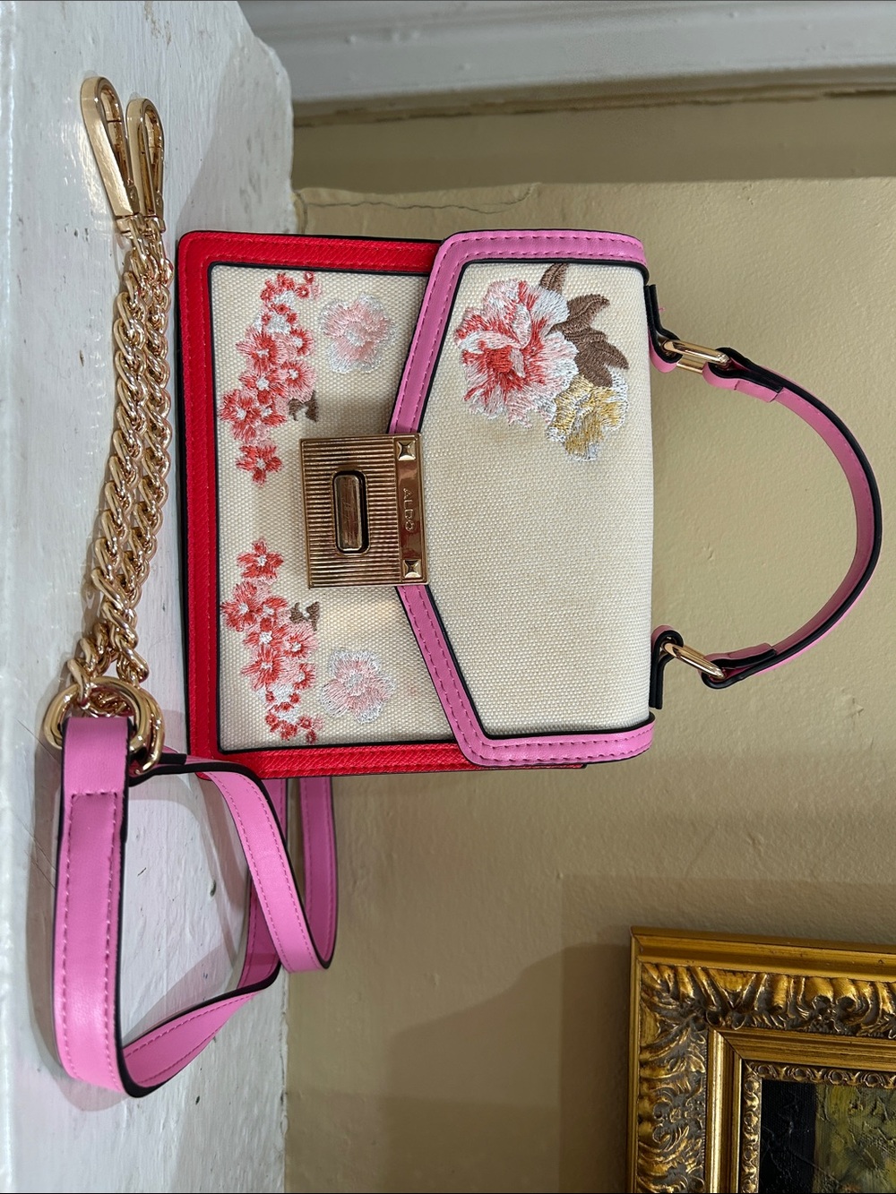 ALDO Floral Embroidered Canvas Top-Handle Bag in Pink & Red